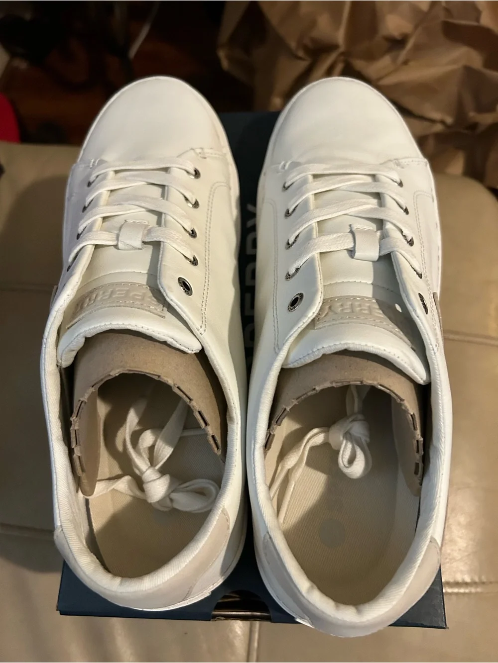White Women's Leather Lace-Up Sneakers with Beige Trim